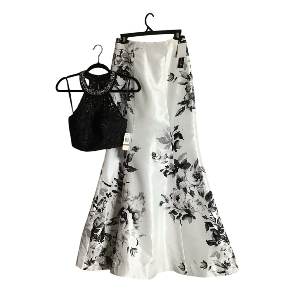 Black Lace Beaded Halter Top & Floral Print Maxi Skirt Two Piece Formal